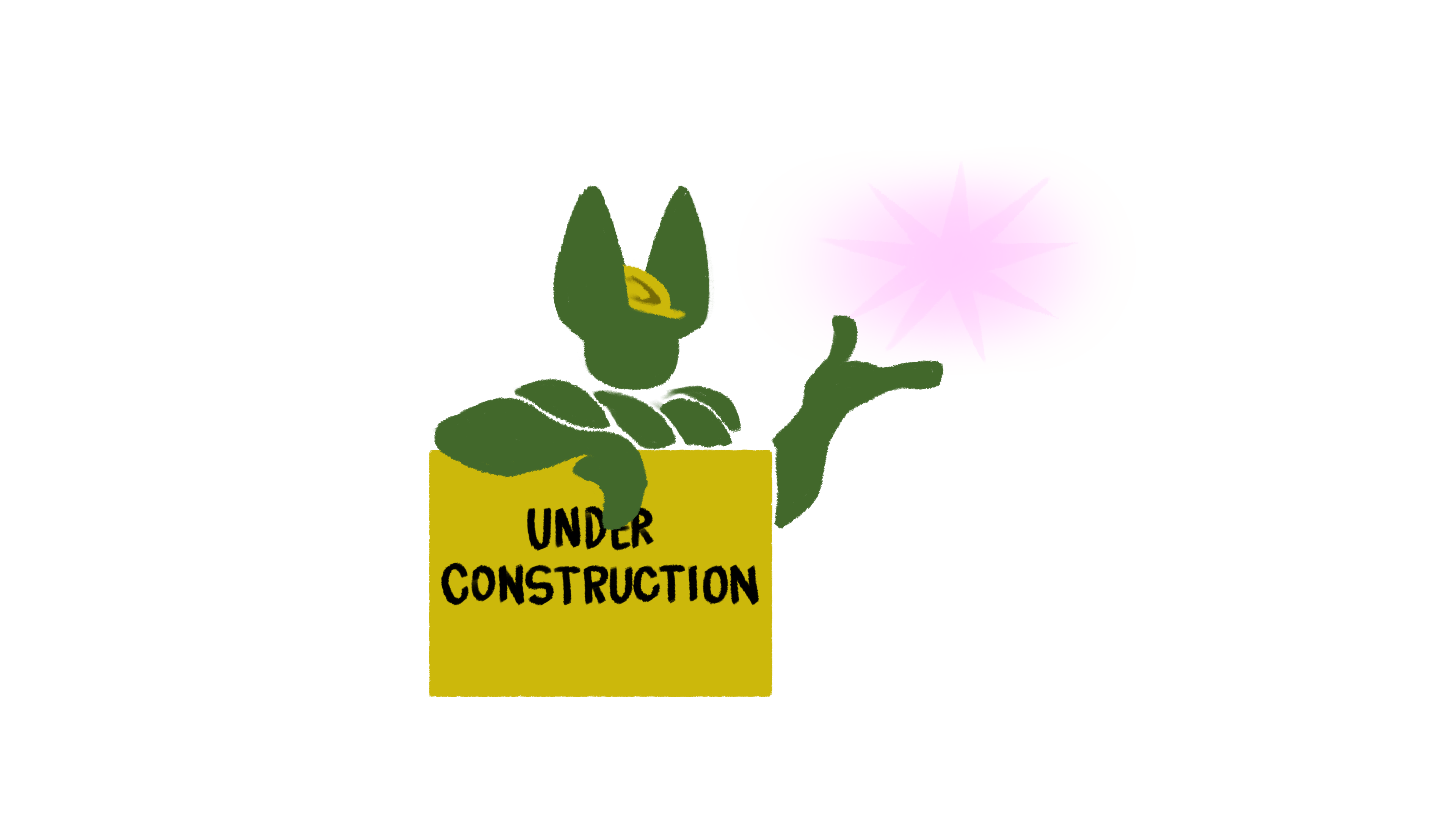 Silhouette of a green being leaning on a sign that says "UNDER CONSTRUCTION I&rsquo;m currently not very active on social media! The best place to find my work right now is meow.social @thr33h3ad3ddragon"